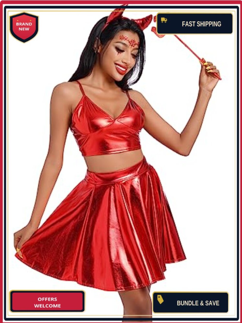 Women's Metallic Wet Look Angel Devil Costume Set with Accessories